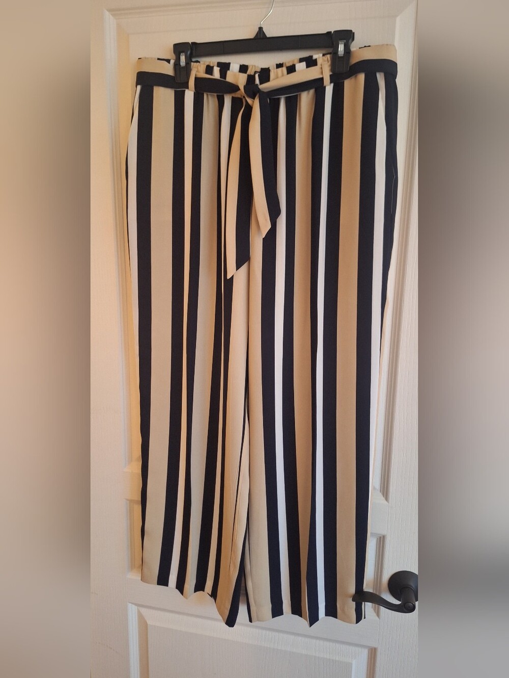 High-Rise Striped Wide-Leg Tie-Waist Pants in Beige, Black & White
